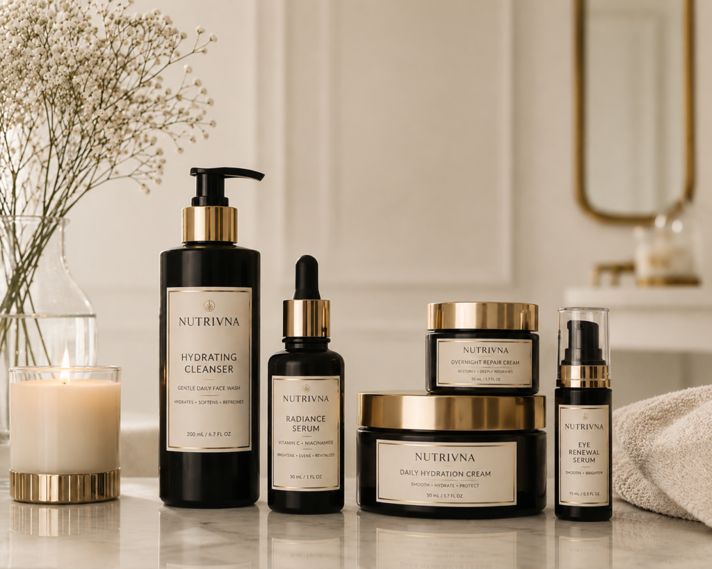 luxurious skincare essentials on marble countertop